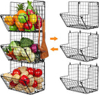 X-cosrack Metal Wire Basket Wall Mount, 3 Tier Wall Storage Organizer with 5 S Hooks, Kitchen Fruits and Vegetables Bin Toys Organizer Hanging Basket Black (S (10.83" L x 10.63" W x 30" H))