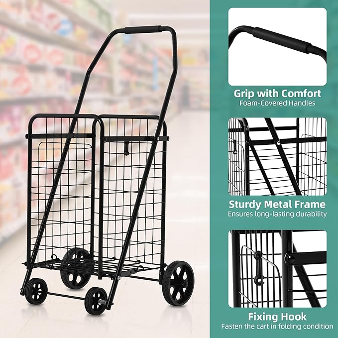 YITAHOME Folding Shopping Cart with Wheels, Rolling Foldable Grocery Cart for Seniors, Portable Collapsible Utility Cart for Shopping Groceries Laundry Storage Organizer