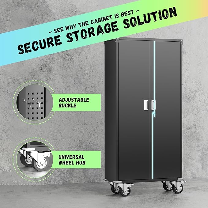 INTERGREAT Metal Storage Cabinet with Wheels, 75" Garage Storage Cabinets with Door and 4 Shelves, Tool Storage Locker on Caster for Home, Office, Black