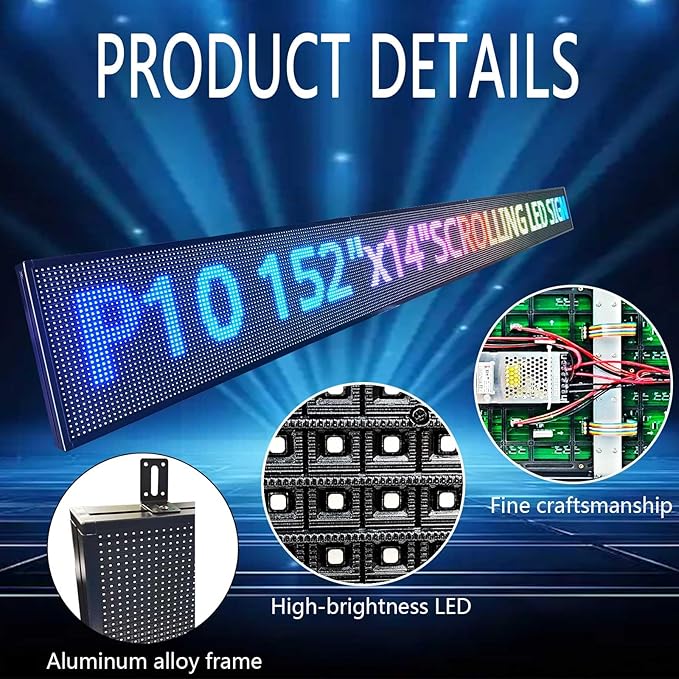 HS P10 Outdoor Programmable Scrolling Led Signs, Open Neon Sign, Digital Electronic Message Board Custom, Large Display Banner Waterproof , for Business Store Commercial Restaurant Window Advertising Public, Full Color High Brightness 152’’x14’’ WIFI c...