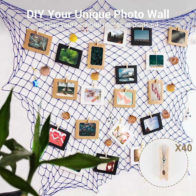 80x40 Inch Decorative Fishing Net w/Shells & Clips, 3mm Thickness Navy Blue Natural Cotton Large Photo Hanging Fishnet, Wall Party Decorations for Nautical Pirate Hawaii Mermaid Themed Party