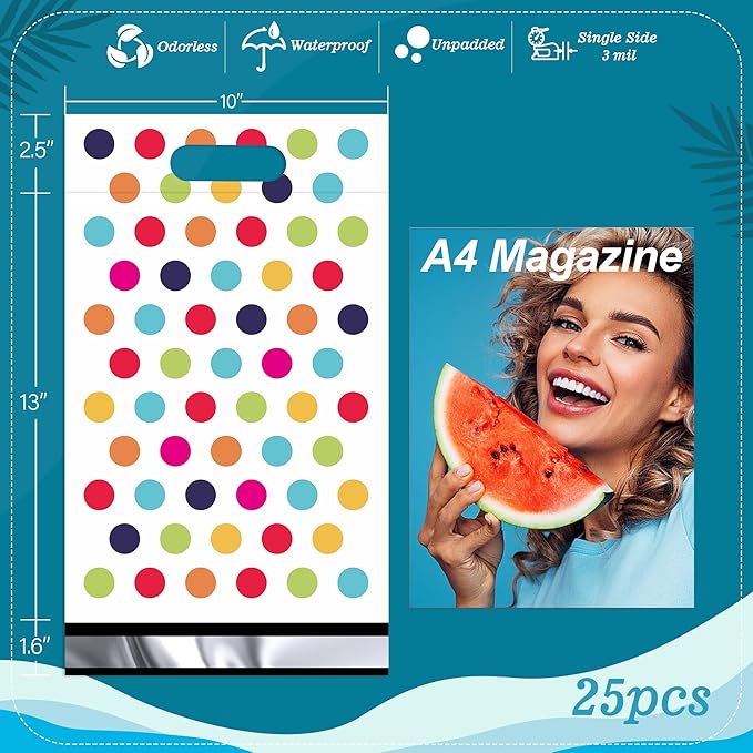 JinRuiKJ Poly Mailers with Handle 10x13 Inch 25 Pcs, Easy to Carry Packaging Bags for Small Business, Thank You Shipping Bags with Self Adhesive Strip, Tearproof and Waterproof - Colorful Polka Dots
