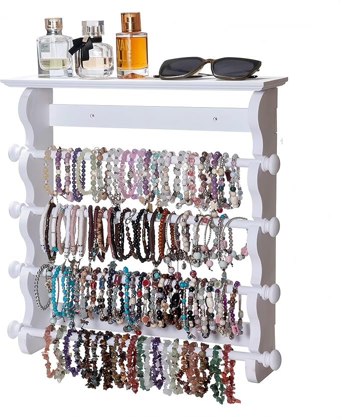 4-Tier Wall-Mounted Wooden Bracelet Holder – Elegant White Jewelry Display Rack with Top Shelf for Perfume, Sunglasses & Accessories – Hanging Organizer for Bracelets, Bangles, Watches & Necklaces