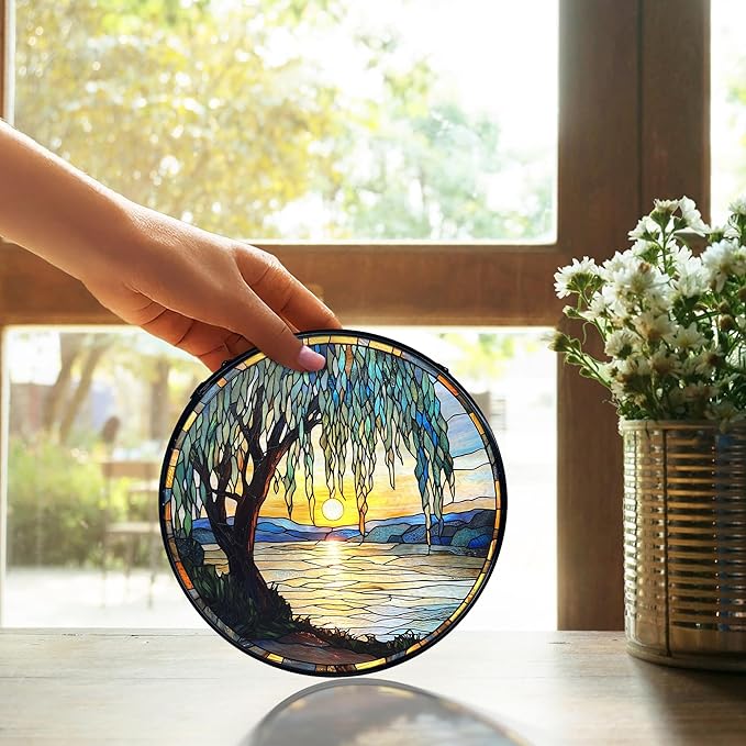 TNUW Willow Tree Stained Glass Window Hanging, Nature Sunset Weeping Willow Tree Sun Catchers Indoor Window Glass Round Wall Art Decor, Nature Landscape Wall Hanging Decorations, 7.9＂x7.9＂