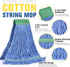 Matthew Cleaning Commercial Mop Head Replacement, 5 Inch Wide Headband, Looped End Cotton Blend String Wet Mops for Floor Cleaning, 18 oz Medium, 1-Pack Blue