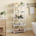 Rolanstar Bookshelf 5 Tier with 4 Hooks, Industrial Wood Bookcase, Vintage Storage Rack with Open Shelves, Rustic Standing Bookshelves Metal Frame Display Rack for Living Room, Bedroom, White