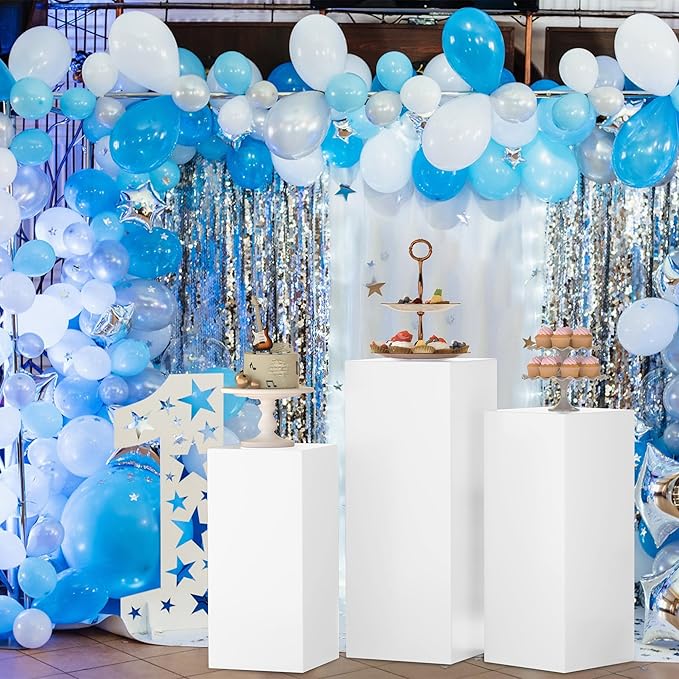 Cylinder Pedestal Stands for Party 3Pcs Metal Cylinder Stands for Parties Square Pedestal Display Plinth Pillars for Wedding Birthday Party Backdrop Decor, White