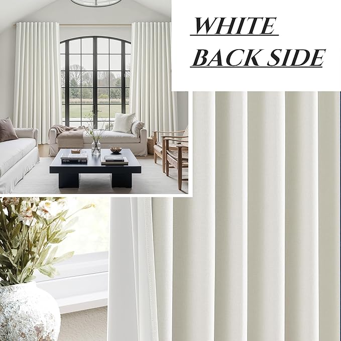 Cute Blackout Curtains 60 Inches Extra Wide Linen 96 Inch Length for Living Room/Sliding Glass Door,Pleated Heavy Duty Thermal Drapes for Winter Thick Large Window(60"Wx96"L 2 Panels Beige White)