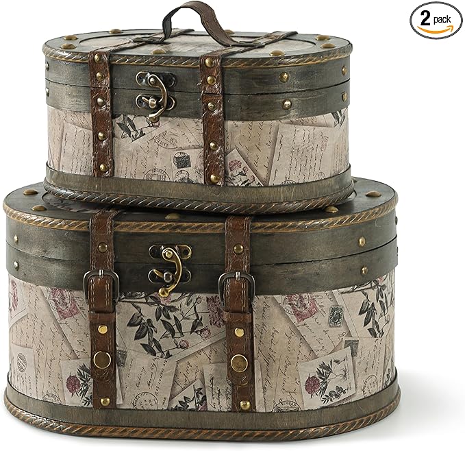 SLPR Alyssa Vintage Train Case - Set of 2, Antique Wooden Storage Boxes with Hinged Lids, Old Fashioned Decorative Wood Trunk, Memory Chest for Keepsakes and Home Décor