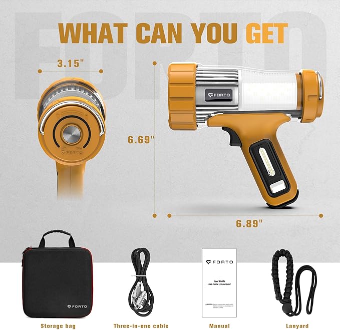FORTO 3000 Lumens Handheld Spotlight, 1400 Ft Long Range LED Spot Light with 120H Runtime, IPX8 Waterproof Rechargeable Outdoor Flashlight for Camping, Hiking, Emergency, Searchlight (Yellow-Plus)