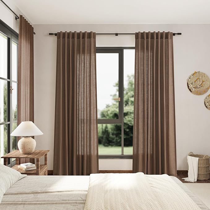 Extra Long Curtains 2 Panels 102 Inches Long for Dinning Room Caramel Brown Back Tab Rod Pocket Light Filtering Semi Sheer Drapes Cotton Linen Textured Window Curtain 102 Inch Length for Bedroom