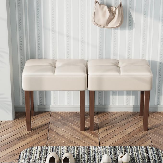 Two Leather Vanity Stool, 18.7 Inch Wide Rectangle Ottoman Bench for Makeup Room, A Set Vanity Chair with Wood Legs for Piano Room, Bedroom,Living Room with Customizable (Cream)