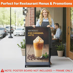 Heavy Duty Rolling Sidewalk Sign 24x36 Inch - Double-Sided Sandwich Board Poster Stand with Wheels, Slide-in Floor Standing Sign Holder Stand for Outdoor Business Advertising (Frame only)