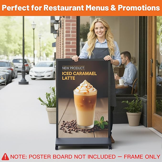 Heavy Duty Rolling Sidewalk Sign 24x36 Inch - Double-Sided Sandwich Board Poster Stand with Wheels, Slide-in Floor Standing Sign Holder Stand for Outdoor Business Advertising (Frame only)