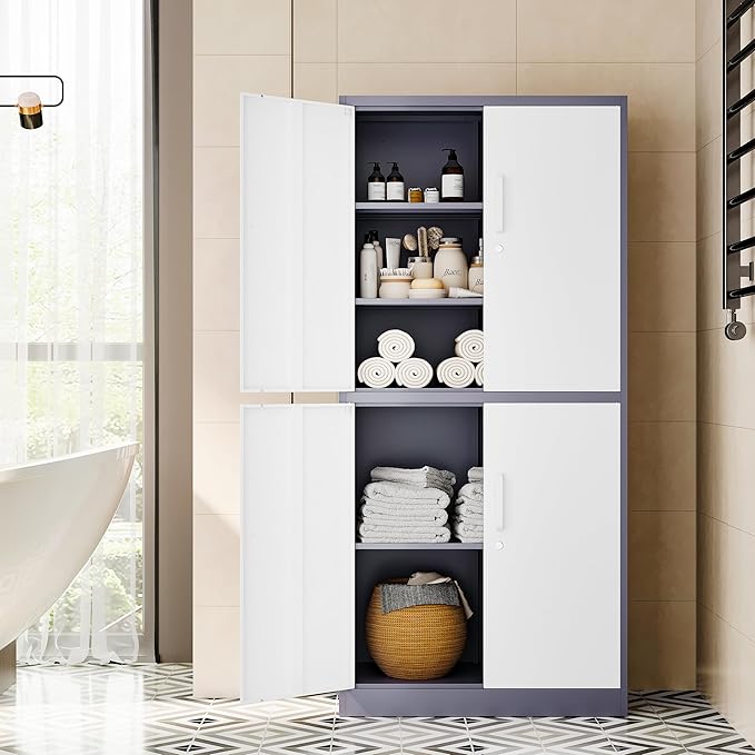 71' Metal Storage - Lockable File Cabinet with Doors & Shelves - Gray/White Steel for Garage, Home, Office