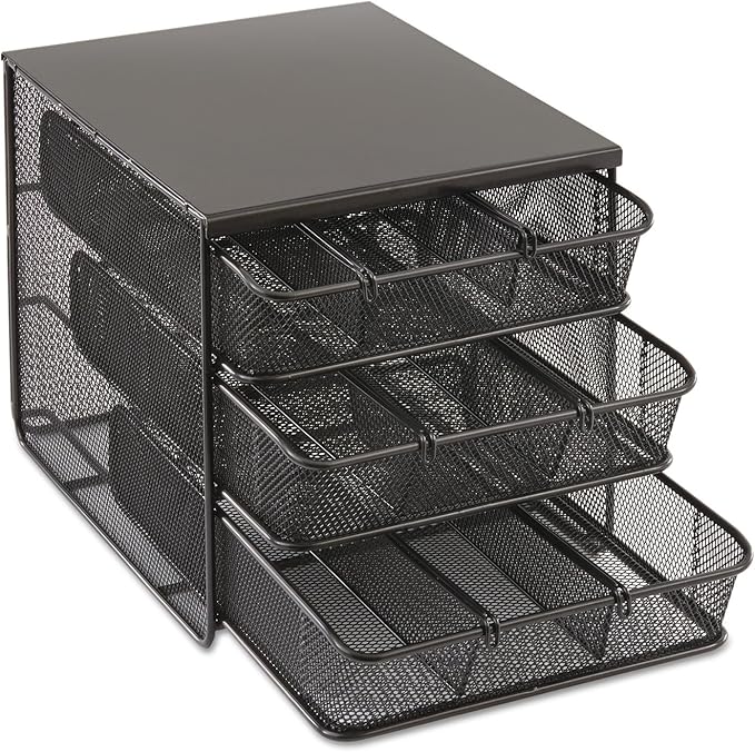 Safco Onyx Hospitality Organizer, 3 Drawers, For Snacks, Coffee Pods, Sugar Sweetener, Stirrer, Napkins and More, Steel Mesh, Black