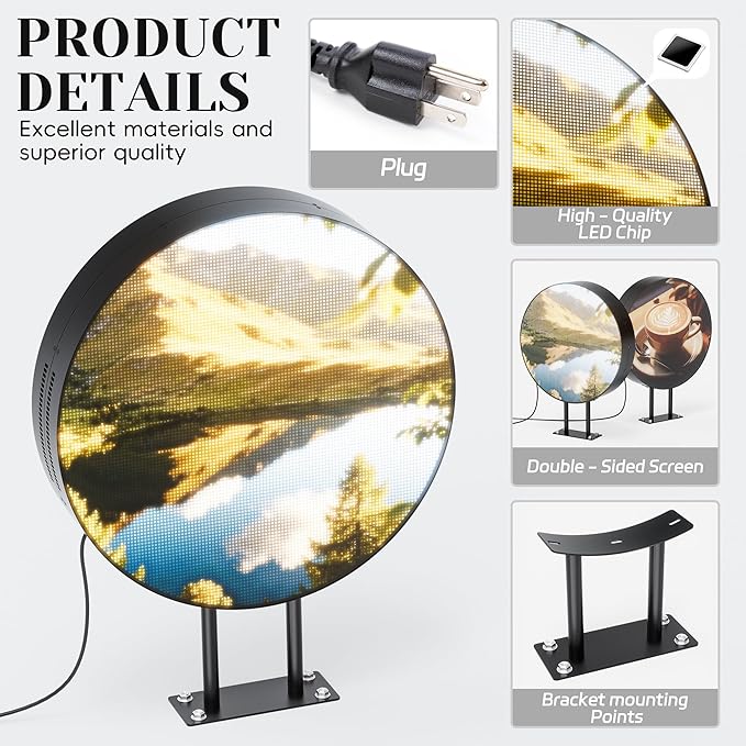 P5 Outdoor LED Light Box Sign Programmable, Round Double-Sided Full Color Custom Business Digital Display Screen, Image Video Signage Panel Board for Store Advertising Cafés, Bars 20"