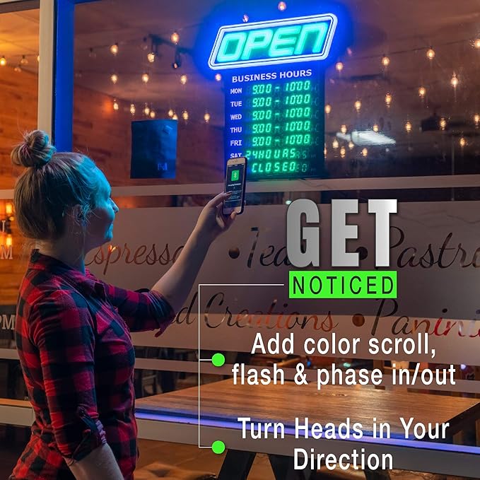 Super‑Bright LED Open Sign with Business Hours – Programmable App, 1000s of Color Combos, Neon Flash/Scroll Modes, Energy-Efficient Indoor Wall-Mount (15×16.5 in)