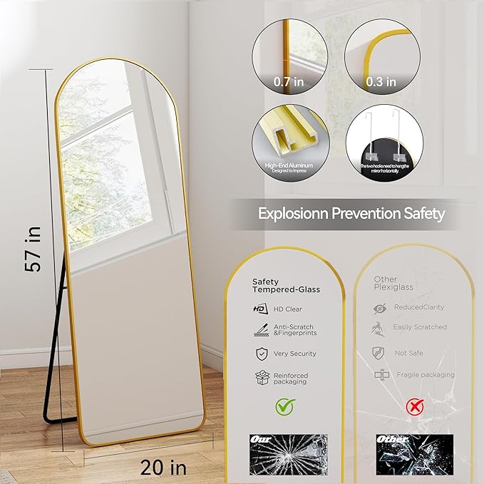 57x20 Door Hanging Full Length Mirror, Floor (Height 5.7ft just Body in1.3ft) Wall Mounted Metal Frame Arch Dressing Mirrors for Bedroom Bathroom Living Room 57 inch Gold