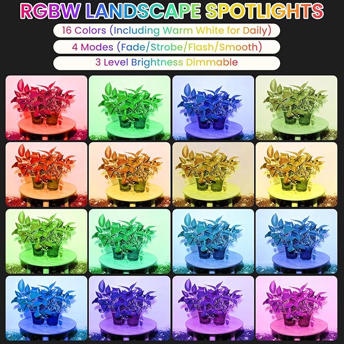 Halloween Christmas Spotlights Outdoor: RGBW Spotlights Plug-in 120V Remote Control 16 Color Changing Waterproof LED Landscape Spot lights for Yard Garden Lawn House Décor, 6 Pack (RGB + Warm Light)