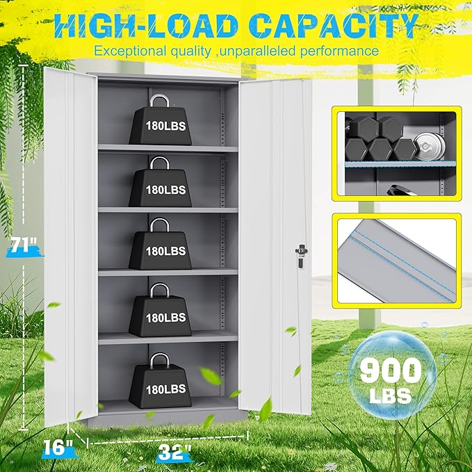Pataku Metal Storage Cabinet, 71" Garage Cabinet with Doors and Shelves Lockable Steel Multifunctional Cabinets, File Cabinets for Home, Office, Garage, Warehouse(White Grey)