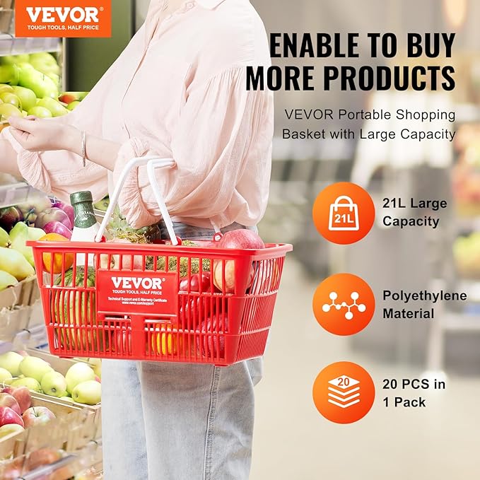 VEVOR Set of 20, 21L Red Plastic Grocery Basket with Handle and Stand, 16.5 x 11.8 x 8.27 inch Portable Shop Basket, Ideal for Retail Store, Supermarket, Grocery Shopping