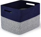 Shelf Woven Storage Basket, 15 x 10 x 9” Closet Rope Baskets For Organizing, Square Bins with Handles, Grey+Blue