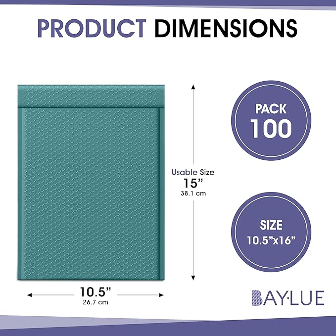 Green 10.5x16 Inch Poly Bubble Mailers #5 | Self Seal Large Padded Envelopes Air Cushioned Bubble Mailer | Usable Size 10.5x15 Inch | Waterproof Lightweight Mailing Shipping Bags | 100 Pack Bulk