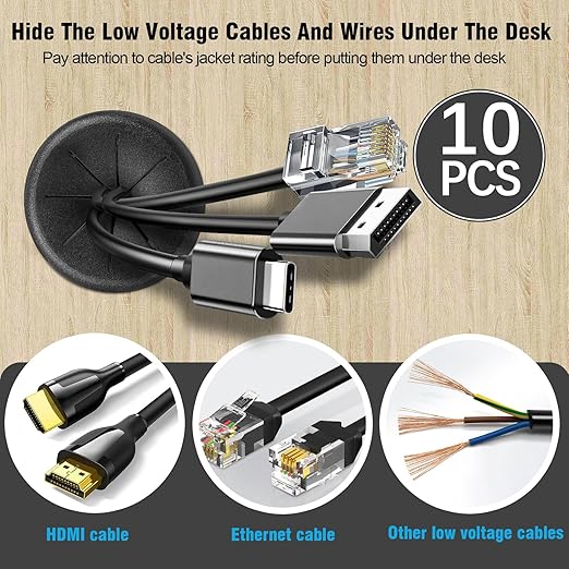 2" Black Desk Grommet, JTemgle Flexible Cable Grommet Rubber Cable Hole Cover Wire Organizer Caps Desktop Cord Management for Home Office TV Stands Tabletops, 10 Pieces