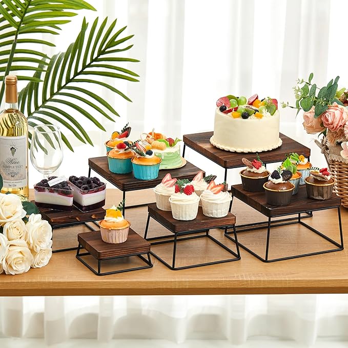 Weysat Set of 6 Dessert Table Display 4.7-8.6" Wood Risers Display Stands, Buffet Risers Food Stands for Party Catering Supplies Buffet Wood Cake Stand Set