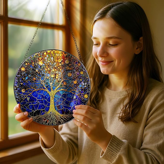 8-Inch Stained Glass Tree of Life Ornament, Stained Glass Window Hanging, Window Hanging Decor Suncatcher – Housewarming, Christmas, Birthday | Gift for Family, Friend, Couple, Teacher | Holiday Decor