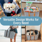 CleverMade Collapsible LUXE Tote - Navy Striped 1 Pack 30L / 8 Gal - Reusable Grocery Shopping Storage Bag Organizer w/ Handles Reinforced Bottom
