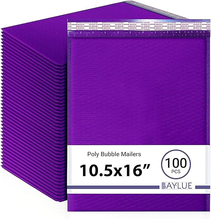 Purple 10.5x16 Inch Poly Bubble Mailers #5 | Self Seal Large Padded Envelopes | Air Cushioned Bubble Mailer | Usable Size 10.5x15 Inch | Waterproof Lightweight Mailing Shipping Bags | 100 Pack Bulk