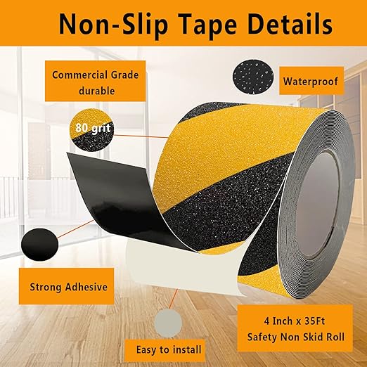 Anti Slip Grip Tape for Stairs 4Inch x 35Ft Non-Slip Strips Yellow/Black Non Skid Safety Tape for Outdoor/Indoor Steps, Stairs, Traction Tread Staircases, Boats