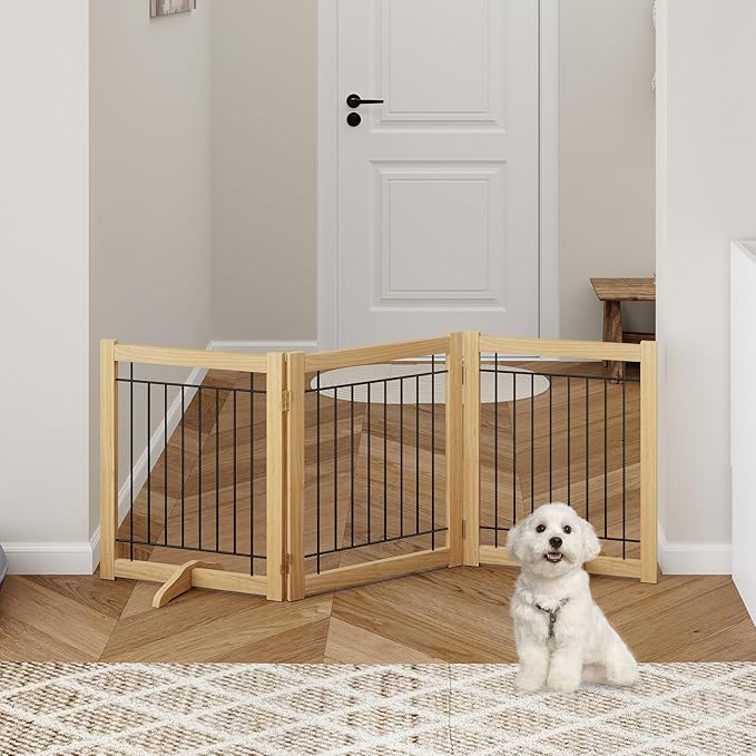 Wire Dog Gate Solid Wood Frame, Anti-Chewing Pet Gate Indoor Freestanding Indoor Foldable Dog Fences for Stairs, House, Doorway Extra Wide, 3-Panel, 60" Wide Oak Color