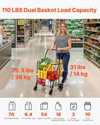 VEVOR Folding Shopping Cart, Jumbo Grocery Cart with Double Baskets, 360° Swivel Wheels, Heavy Duty Utility Cart, 110 LBS Large Capacity Utility Cart for Laundry, Shopping, Grocery, Luggage, Black