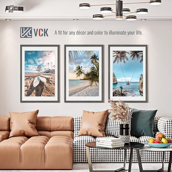 VCK 24x36 Poster Frame 2 Pack - Grey, High-End Wood Picture Frames with Polished Plexiglass, Display 20x30 Photo with Mat or 24x36 without Mat, Art Gallery-Quality, Wall Hanging, Grey