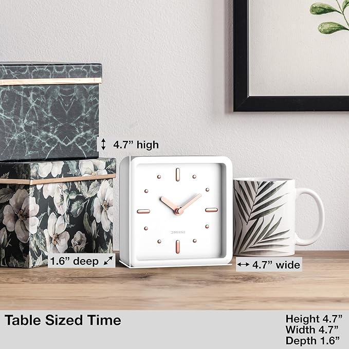 Driini Modern Mid Century Desk & Shelf Clock (White Rose Gold) - Battery Operated with Silent, Analog Movement – Small Tabletop Clocks for Office – Perfect for Mantle, End Table, Desktop or Nightstand