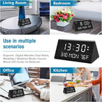 Kogonee Wooden Digital Alarm Clock, 0-100% Dimmer, 2 Alarm Settings, Weekday/Everyday Mode, 9 Mins Snooze, 12/24H, Temperature and Date Display for Office, Travel, Bedroom Alarm Clock (Black)
