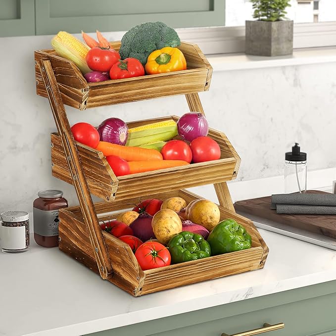 G.a HOMEFAVOR Wooden 3 Tier Fruit Basket, Brown, Pine Wood, Sturdy, Self-assembly