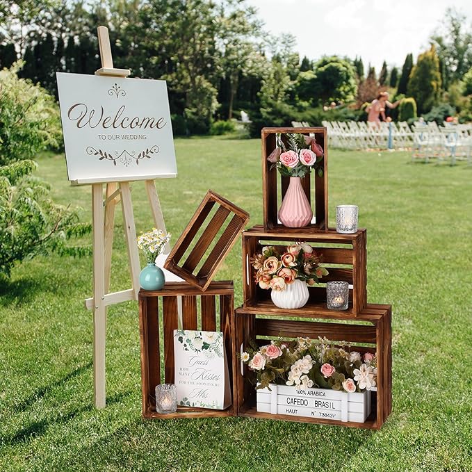 Soaoo 5 Pcs Decorative Nesting Wooden Crates for Storage Display 5 Size Large Small Rustic Wood Decorative Storage Crates with Handle Farmhouse Crate Box Container Made from Pine(Vintage Brown)