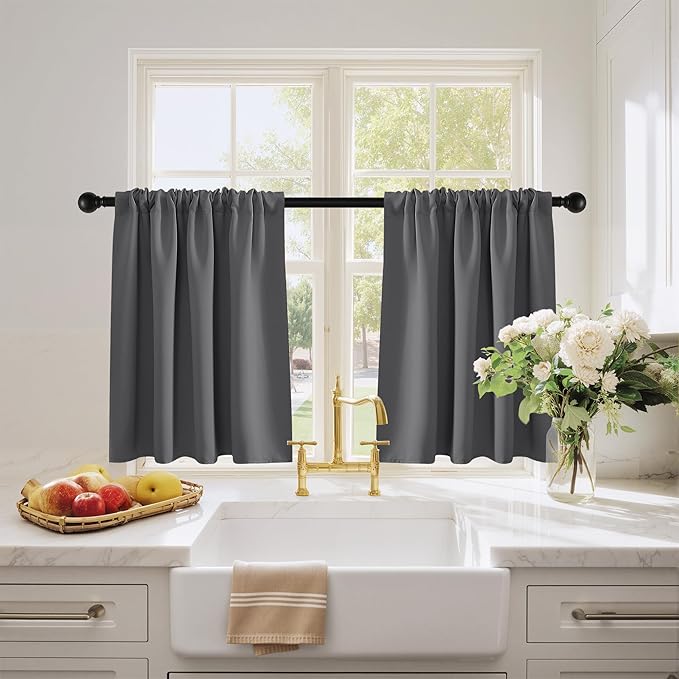 PONY DANCE Grey Short Window Curtains for Kitchen 24 inch Long, 2 Panels Set Half Window Drapes for Bedroom Basement, Blackout Small Curtains for Travel Trailers, Width 29 x Length 24 inches