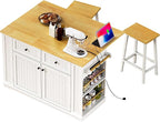 Rolling Kitchen Island with 2 Bar Stools, Drop Leaf & Power Outlet, Large Kitchen Islands Cart on Wheels, Movable Kitchen Island with 5 Open Shelves & Towel Rack for Kitchen, Dining Room, 48″, White
