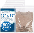 Spartan Industrial - 13" X 15" (500 Count) Self Seal Clear Poly Bags with Suffocation Warning for Packaging, Clothes - Permanent Adhesive