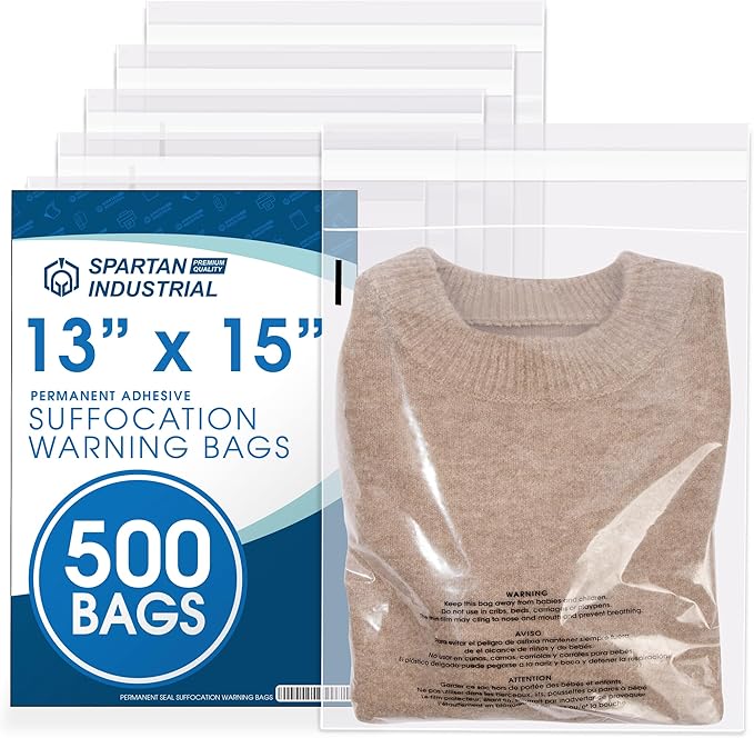 Spartan Industrial - 13" X 15" (500 Count) Self Seal Clear Poly Bags with Suffocation Warning for Packaging, Clothes - Permanent Adhesive