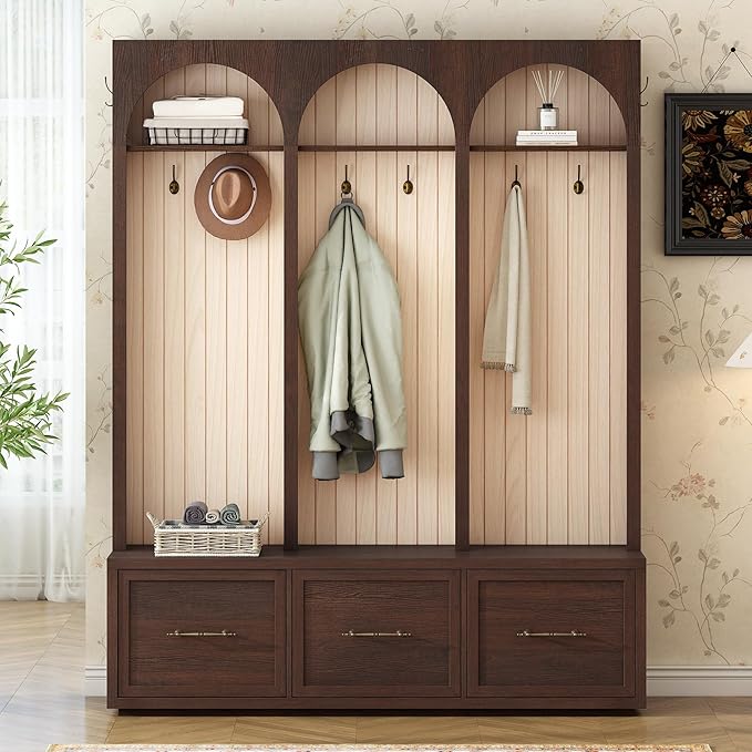 Merax Farmhouse Wood Hall Tree with Shoe Bench and 3 Drawers, 4-in-1 Coat Rack with 8 Hooks for Entrance, Hallway, Mudroom Dark Walnut