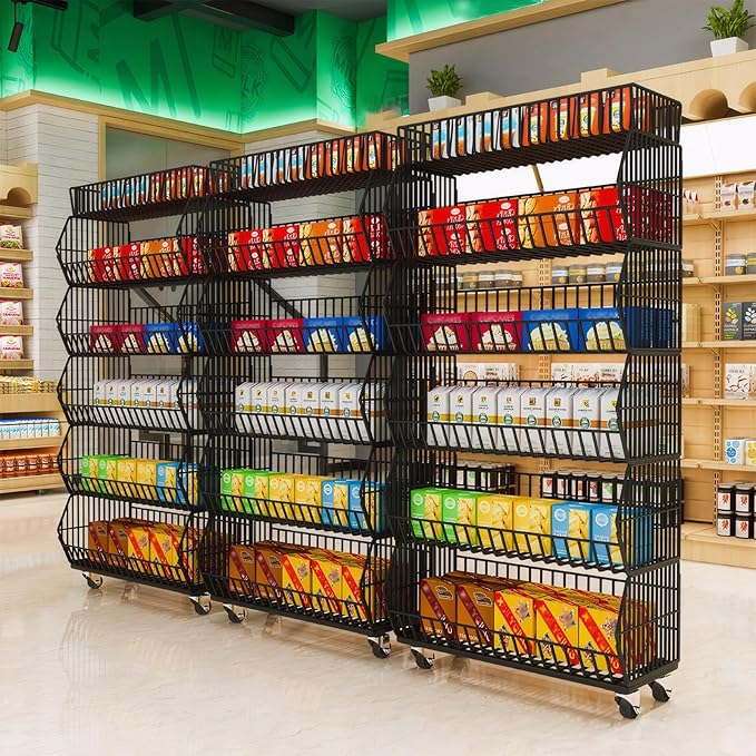 Commercial Supermarket Display Cart - 5-Tier Industrial Slanted Rolling Shelves Metal Storage Rack for Retail Store, Warehouse & Home Use, 66LBs/Tier Tool-Free Setup