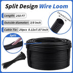 250FT Split Wire Loom Tubing, 3/8 Inch Wire Protector Tubing, Automotive Wire Flexible Conduit Cord Covers with 20 Cable Ties for Automotive Marine RV Agriculture Electrical Cable Protection