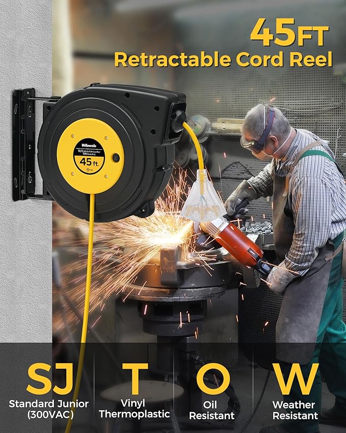 Retractable Extension Cord Reel, 45 FT Heavy Duty Power Cord, 12AWG/3C SJTOW, 3 Grounded Outlets Lighted Triple Tap for Ceiling/Wall Mount, 15 Amp Circuit Breaker, UL Listed, Yellow Y45CR06