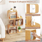 Giantex S-Shaped Bookcase, 3-Tier Bamboo Bookshelf with 3 Open Cubes, Geometric Corner Display Shelf, Decorative Storage Organizer, Floor Storage Rack for Living Room, Home Office, Natural